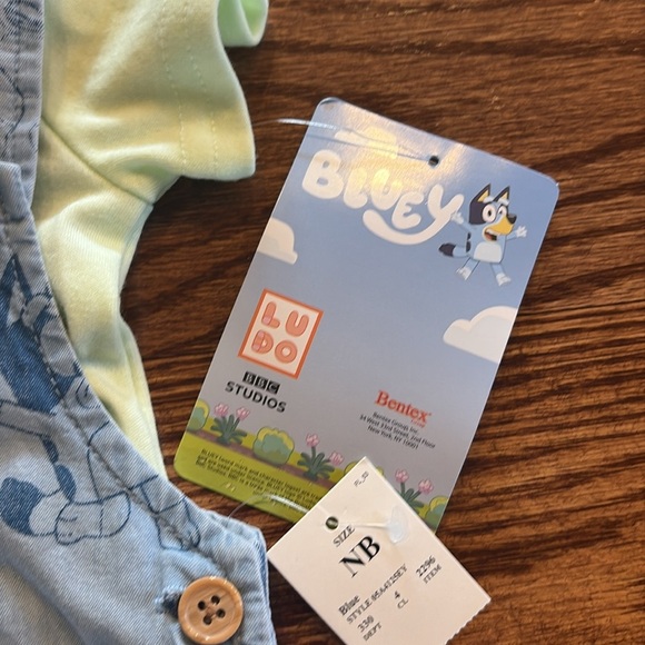 NWT Bluey Baby newborn chambray short Overalls Shirt Set blue green cotton NB - Picture 3 of 9